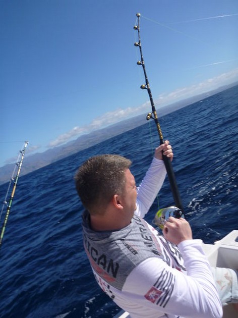 Hooked up - Tobias Rosén from Sweden is fighting an Albacore Tuna Cavalier & Blue Marlin Sport Fishing Gran Canaria